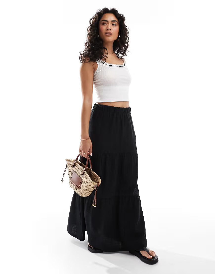 Pieces tiered boho midi skirt in black | ASOS (Global)