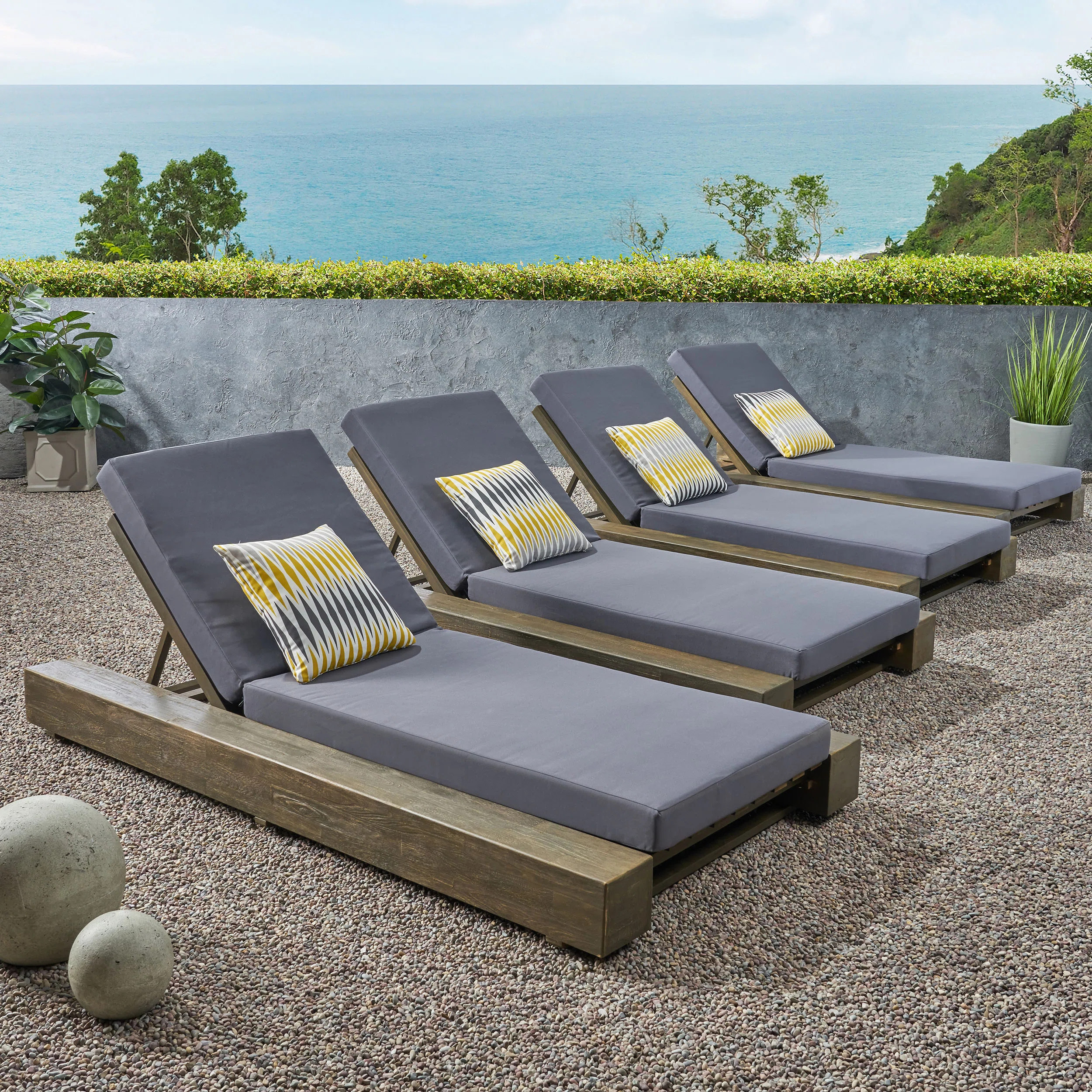 Lyor Acacia Wood Outdoor Chaise Lounge Set with Cushions & Adjustable Backrest (Set of 4) | Wayfair North America