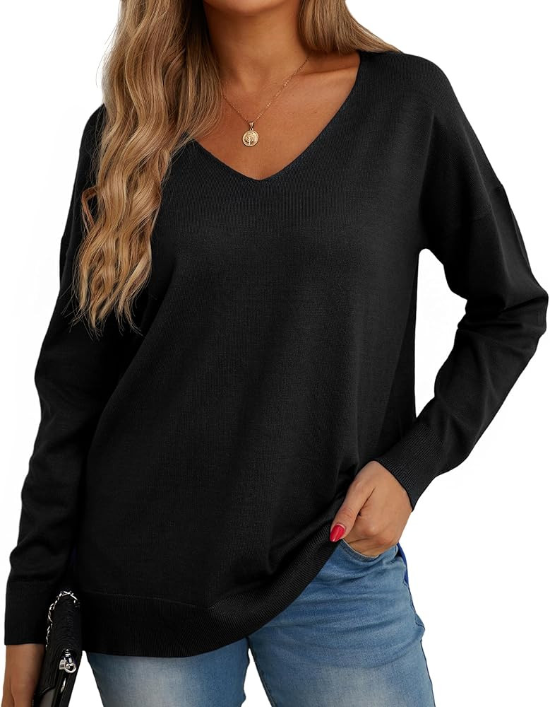 GRECERELLE Women's V-Neck Long Sleeve Side Split Loose Casual Knit Pullover Sweater Blouse | Amazon (US)