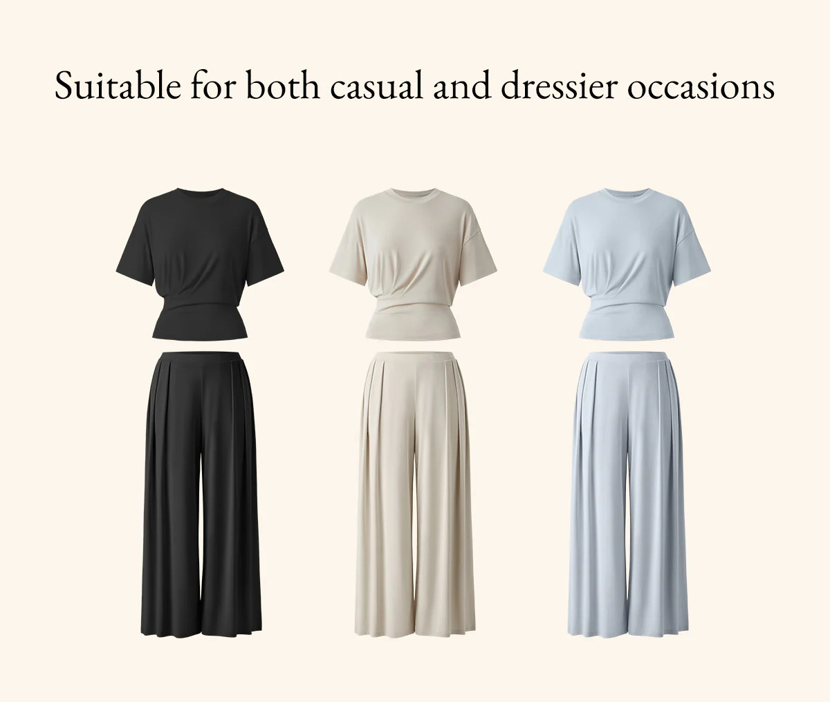 2Pcs Set Crewneck Short Sleeve Tee & Mid Rise Pleated Wide Leg Pants with Pockets | OGLmove