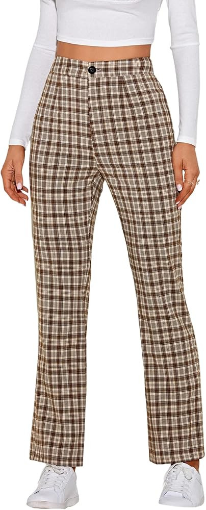 WDIRARA Women's Plaid High Waist Button Casual Crop Pants Trousers with Pockets | Amazon (US)