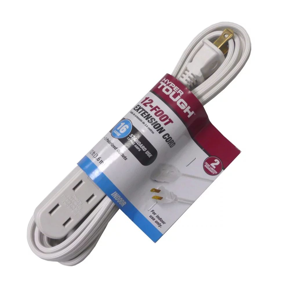 Hyper Tough 12FT 16AWG 2 Prong White Indoor Household Extension Cord, 13 amps | Walmart (US)