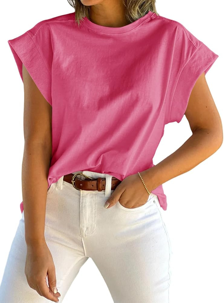 Tankaneo Womens Summer Cap Sleeve Tank Top Crew Neck Solid Casual Loose Fit Basic Tee Shirt | Amazon (US)