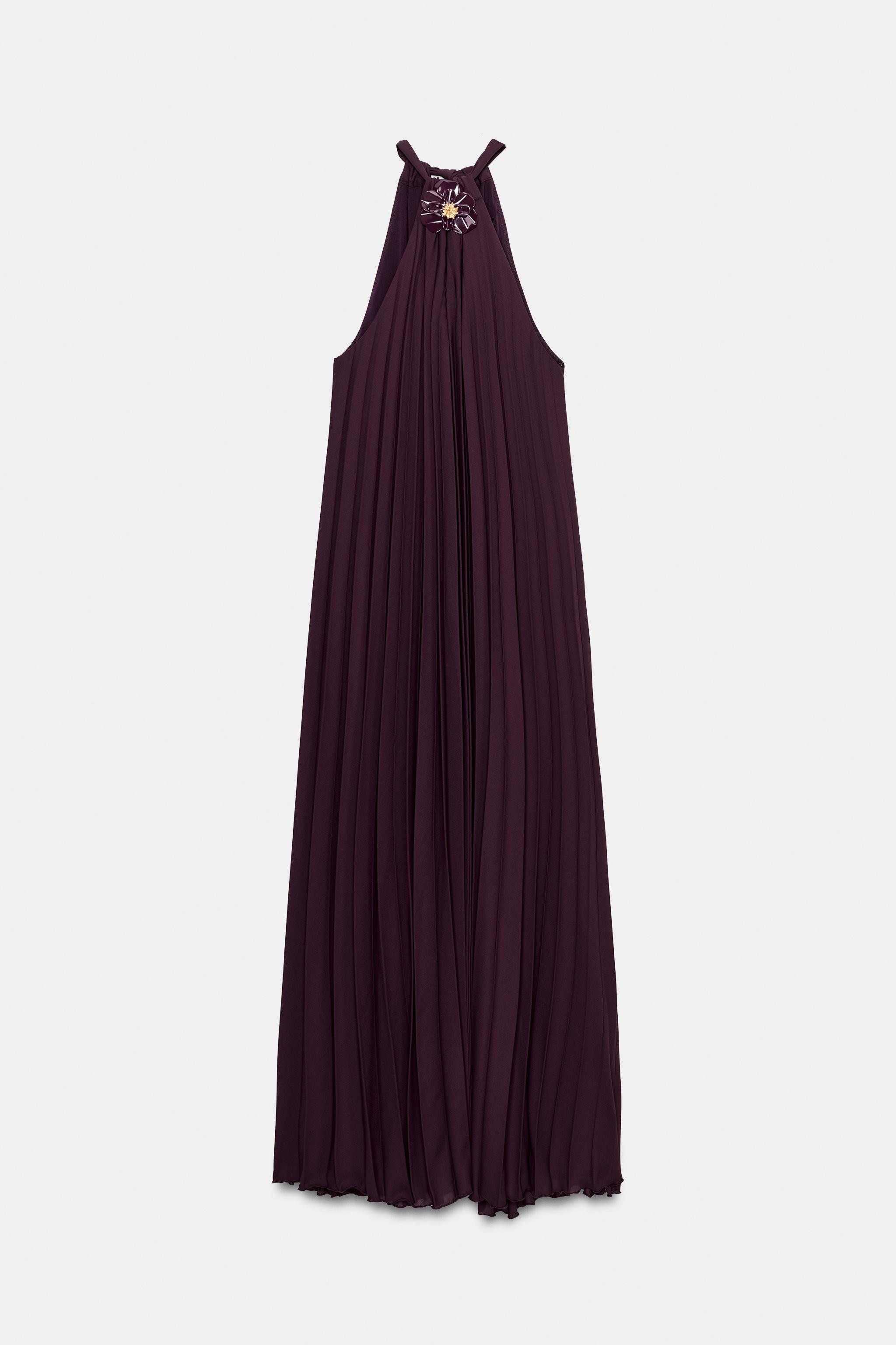 PLEATED MIDI DRESS WITH FLOWER BROOCH | Zara UK