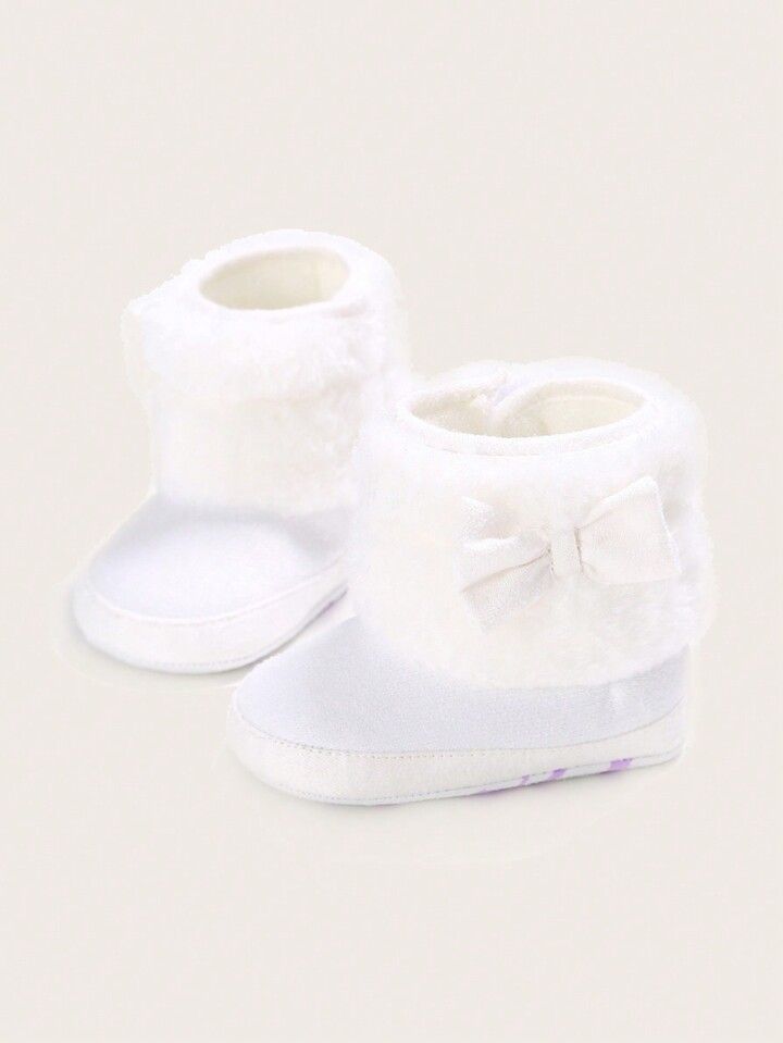 Newborn Baby Girls' Butterfly Knot Soft Sole Shoes Socks, Winter Warm Plush Boots | SHEIN