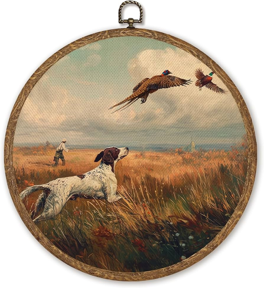 Farmhouse Hunting Dog Wall Art Decor, Cottagecore Vintage Pheasant Field Round Hanging Artwork, R... | Amazon (US)