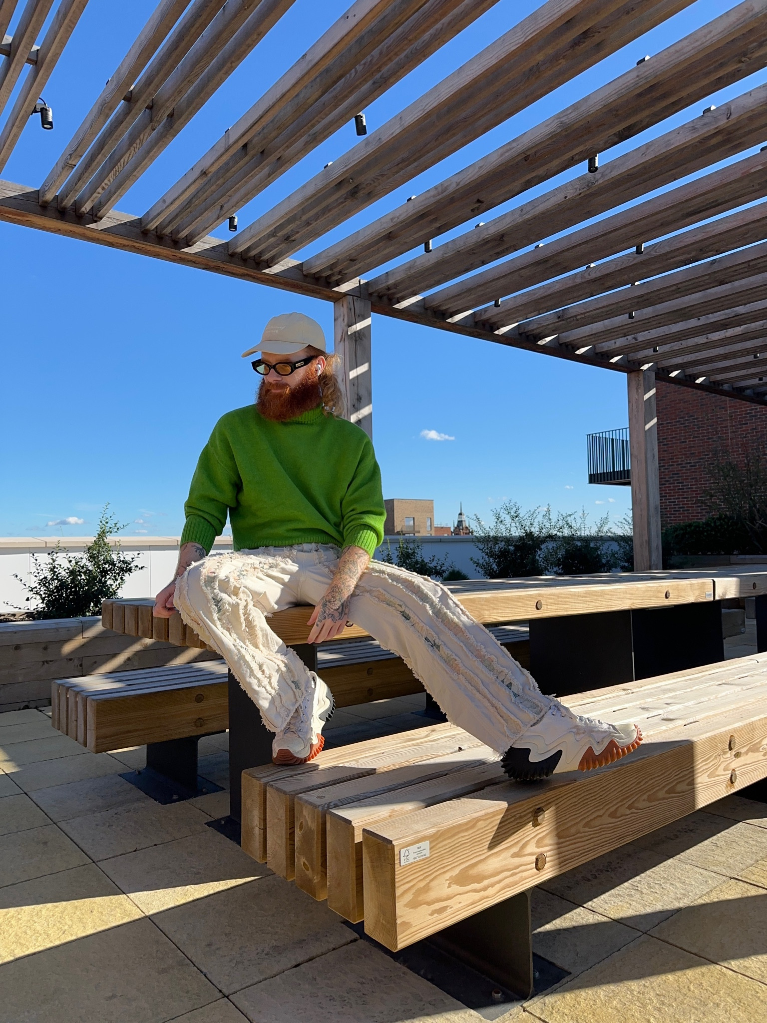 Green high-neck jumper, knitwear, white distressed jeans, platform trainers, converse, reclaim vintage, cream cap 

#LTKSeasonal #LTKstyletip #LTKeurope