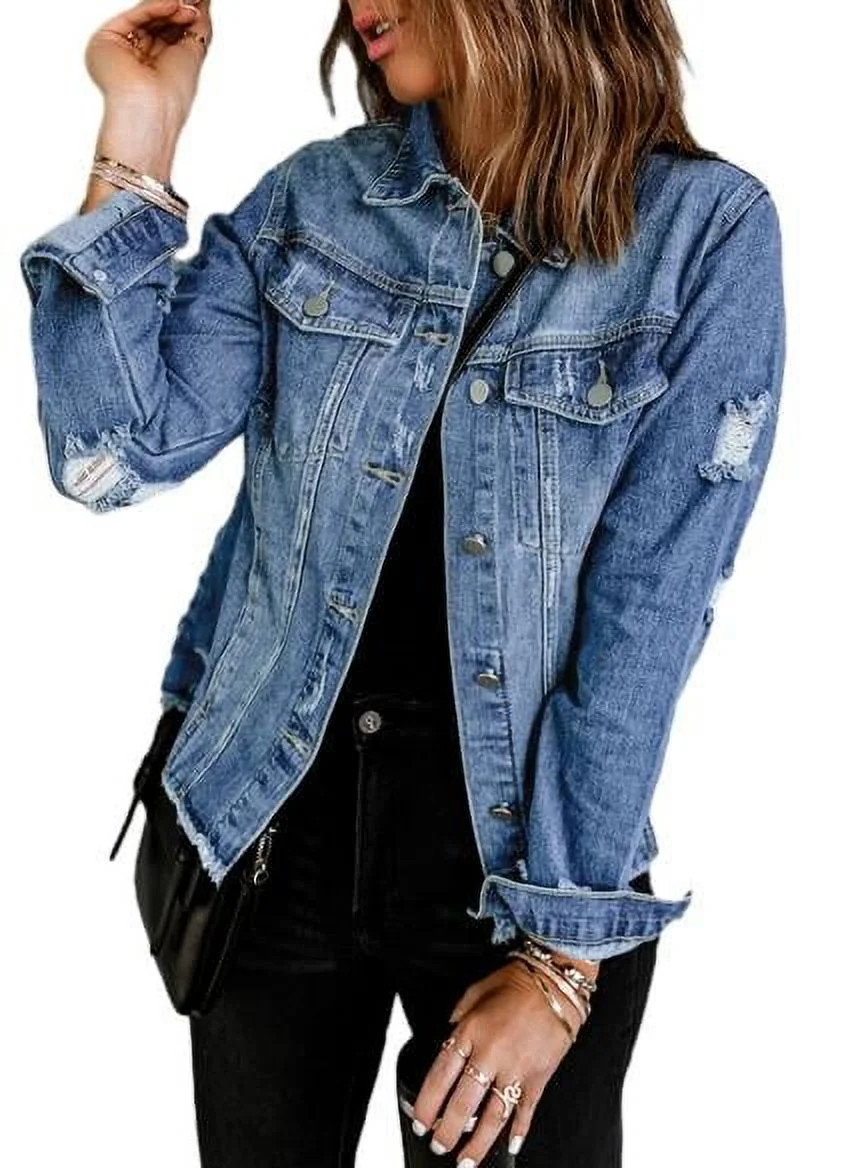 Eytino Jean Jacket Women Long Sleeve Button Down Distressed Denim Jackets Jean Jacket Coat with P... | Walmart (US)