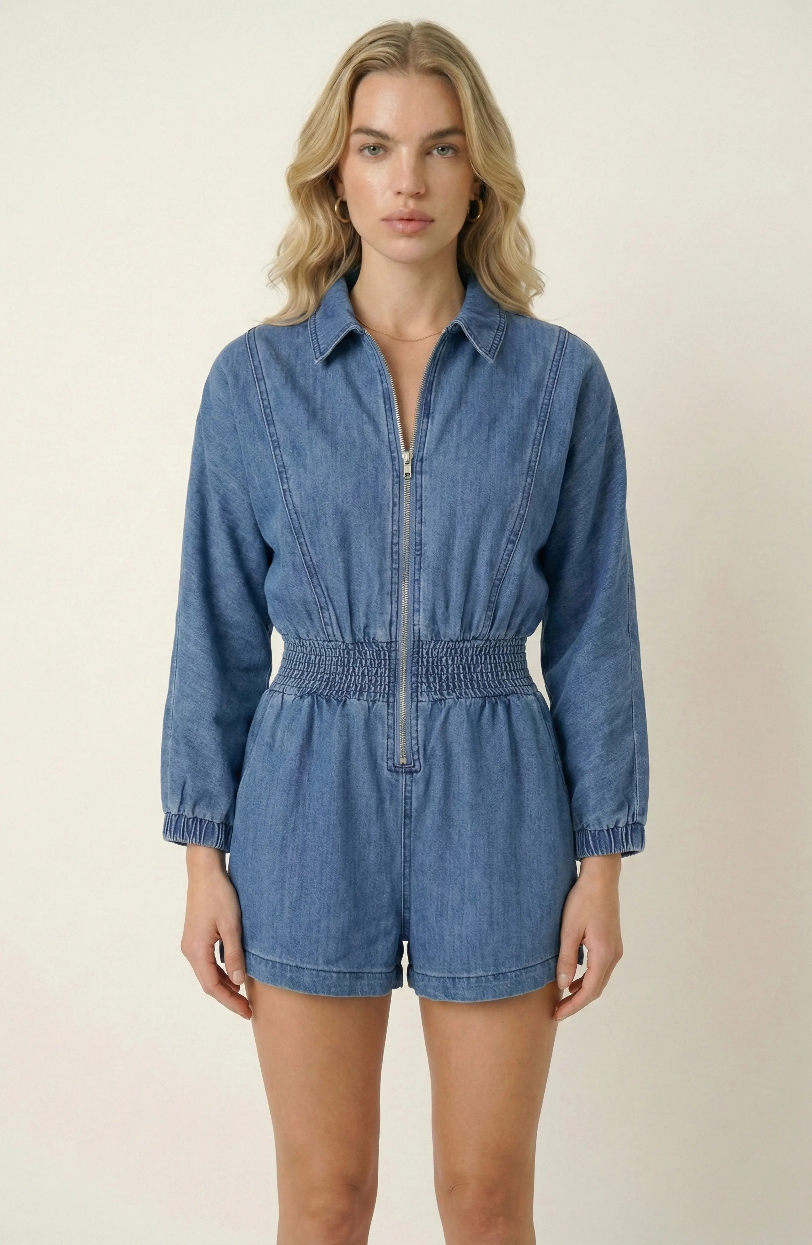 Modenaire Zip Front Romper with Smocked Waist and 3/4 Sleeves in Blue at Nordstrom, Size Medium | Nordstrom