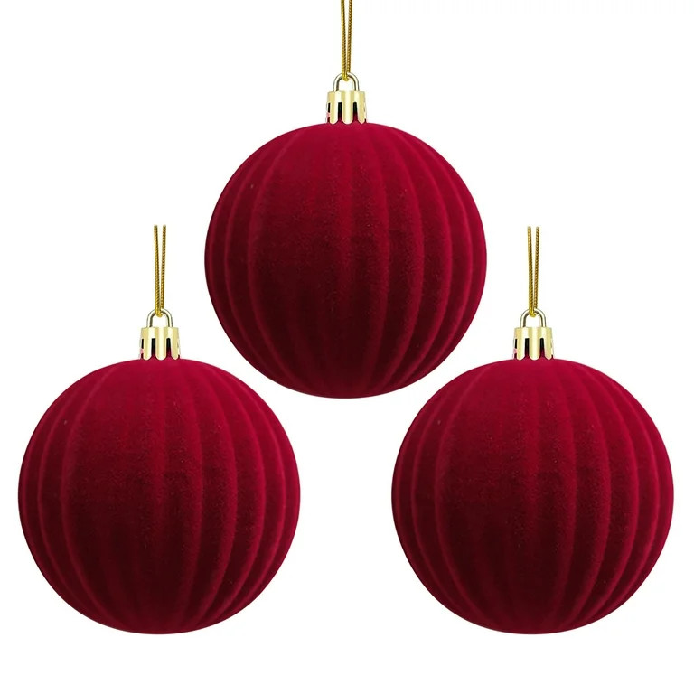B Three Piece Burgundy Velvet Flocked Christmas Ball Ornaments With Watermelon Pattern Plastic Ha... | Walmart (US)