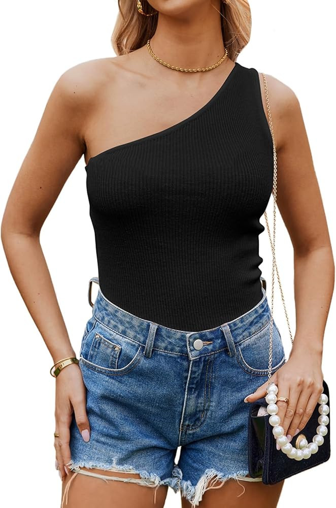 Poetsky Womens One Shoulder Tank Tops Summer Sleeveless Ribbed Knit Shirts Slim Fitted Tee Blouse... | Amazon (US)