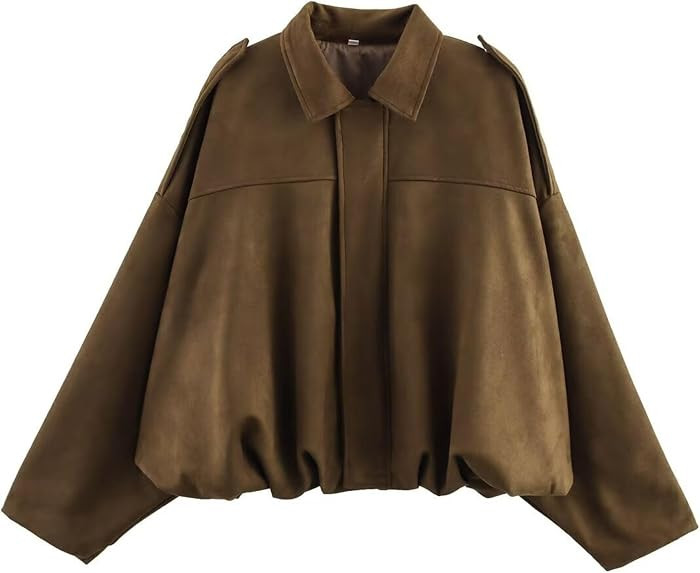 Xunger Women's Faux Suede Bomber Jacket Spring Lapel Pilot Coat Casual Oversized Long Sleeves Tre... | Amazon (US)