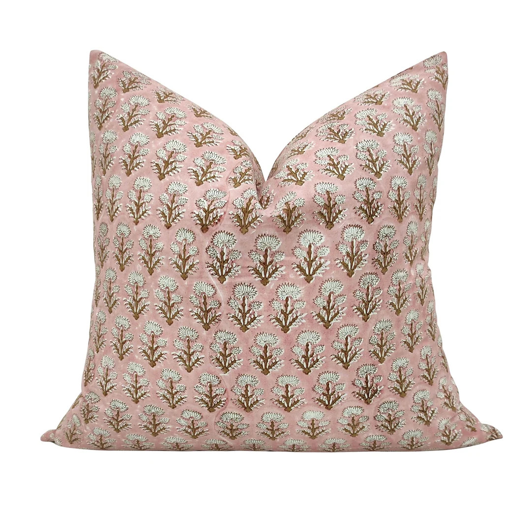 Indian Hand Block Print Throw Pillows Organic Cotton pink & brown Flowers, Pillowcase, Cushion Co... | Etsy (US)