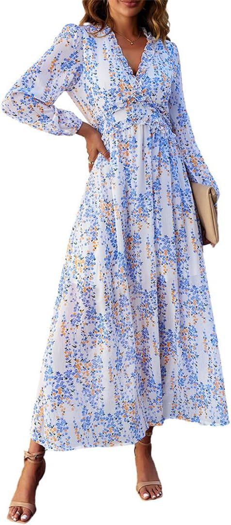 Women's Floral Print Maxi Dresses Long Sleeve Deep V Neck Chiffon Maxi Dress High Waist Boho Flow... | Amazon (US)