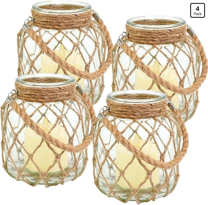 4 Set Nautical Candle Lantern 5.5" x 5.5" x 6.3 LED Battery Operated Coastal Glass Jar Flameless ... | Amazon (US)