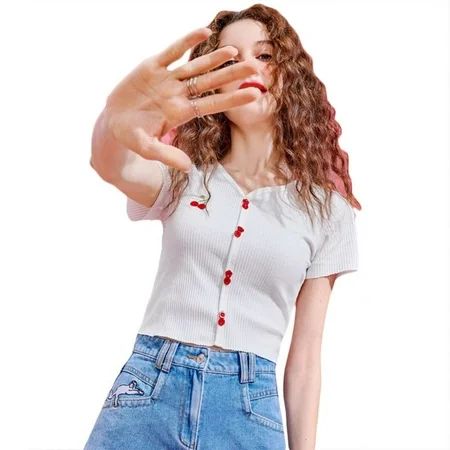 HGYCPP Women Short Sleeve Ribbed V-Neck T-Shirt Cute Cherry Embroidery Buttons Crop Top | Walmart (US)