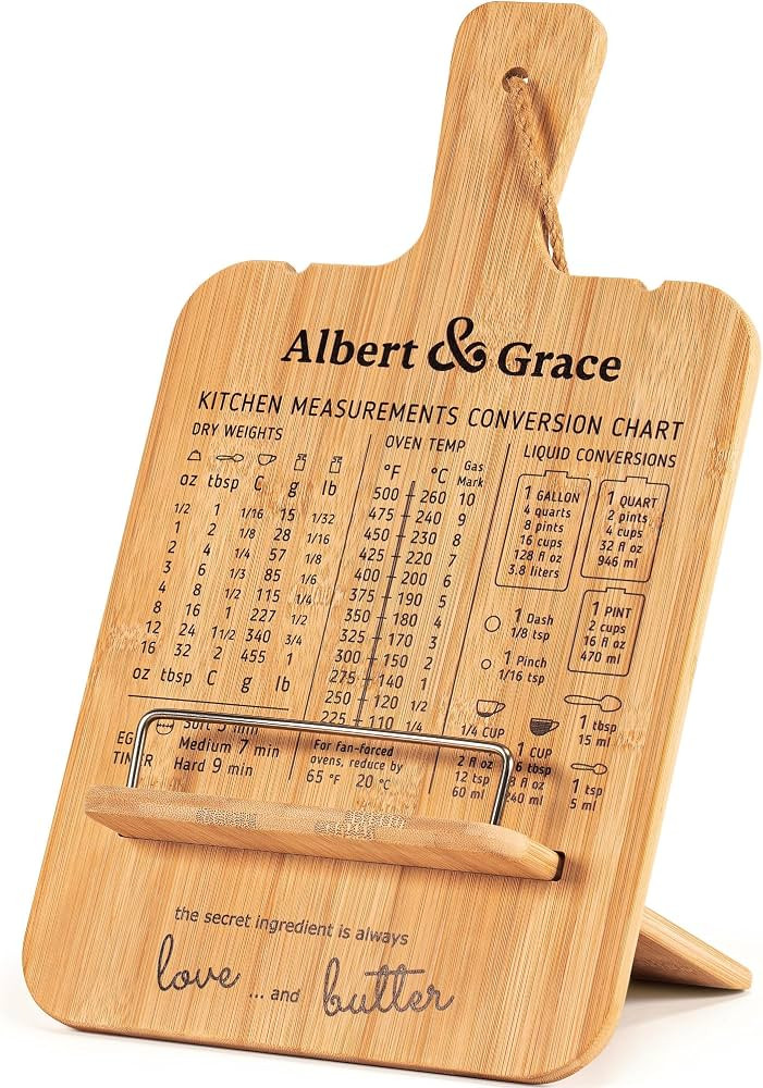 Albert&Grace Adjustable Bamboo Cookbook Stand with Conversion Chart – Recipe Book Holder for Ki... | Amazon (US)