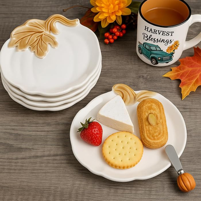 FillTouch 4 Pcs 5.91'' Ceramic Pumpkin Plates Fall Appetizer Salad Dishes | Amazon (US)