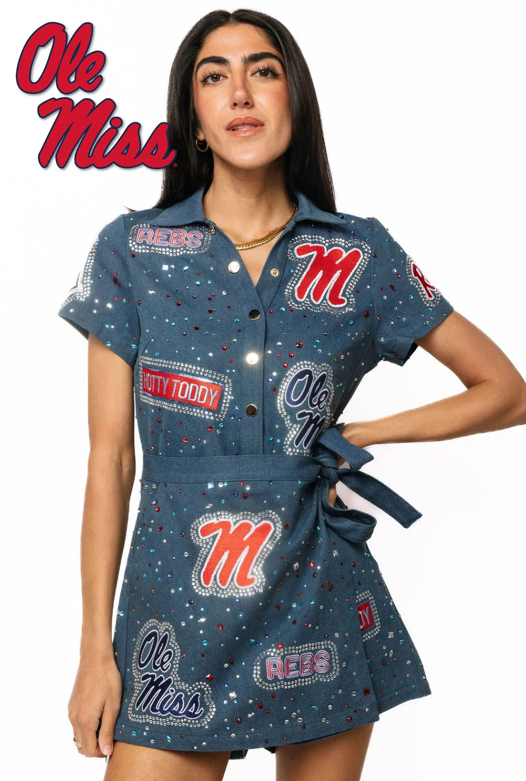 Licensed Ole Miss Denim Multi Rhinestone Scattered Logo Tie Romper | Queen of Sparkles