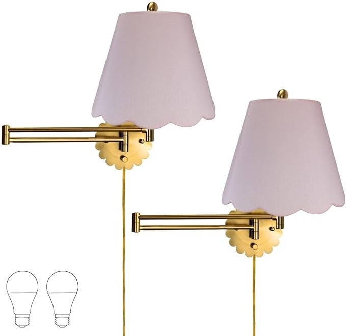 Royal Designs, Inc. Set of 2 Scalloped Swing-Arm Dimmable Wall Lamp - Brushed Satin Brass Lamp wi... | Amazon (US)