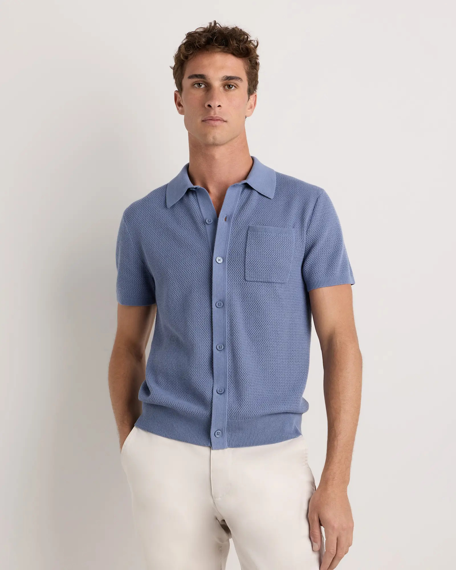 100% Organic Cotton Mesh-Stitch Button-Up Sweater Polo in Moonstone Blue | Quince