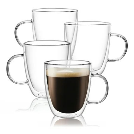 CNGLASS Large Glass Coffee Mugs 17oz,Double Walled Insulated Glass Coffee Cups with Handle,Clear Coffee Glass,Cappuccino Cups,Tea Cups,Latte Cups,Beverage Glasses Heat Resistant,Set of 4 | Walmart (US)