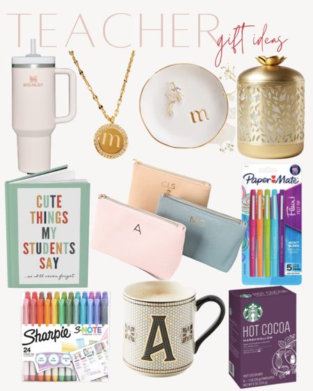 Gift Ideas for the Teacher - Teacher gift ideas for Christmas - monogrammed clutches for personal items, sharpie sets, Stanley 40 oz. Tumbler, monogrammed necklace, Anthropologie mug & hot chocolate, gold essential oil diffuser for their desk, and a cute teacher journal  

#LTKGiftGuide #LTKunder50 #LTKHoliday