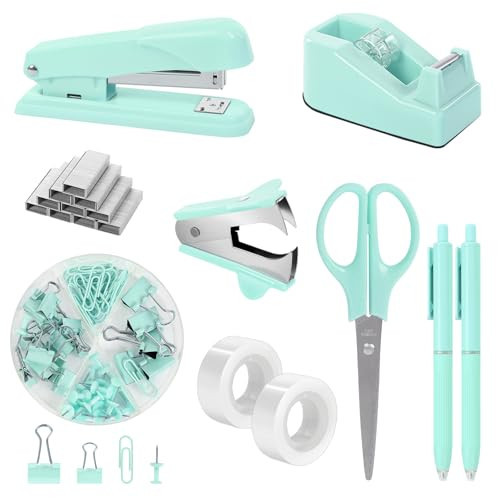 SKYDUE Teal Office Supplies Set - Desk Accessories, Stapler, Tape Dispenser, Scissors, Clips and 1000pcs Staples for Teachers | Amazon (US)