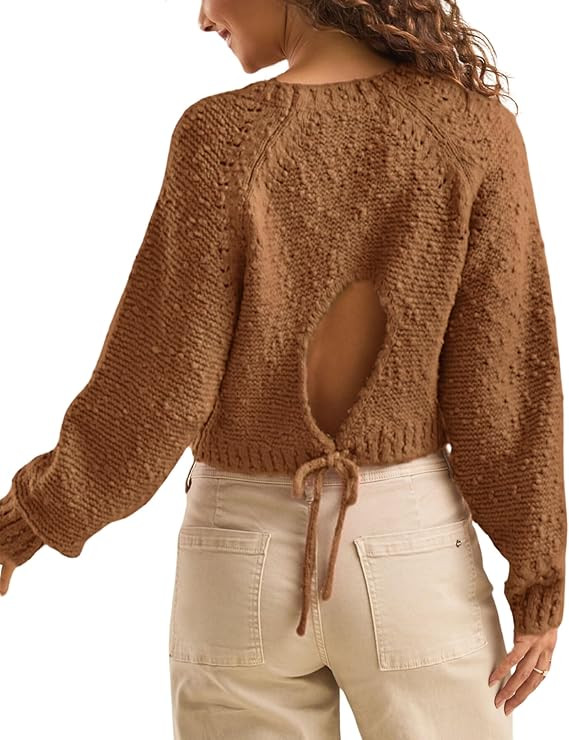 InterNos Women's Open Tie Back Pullover Sweater Popcorn Crew Neck Backless Bow Tie Knitted Crop T... | Amazon (US)