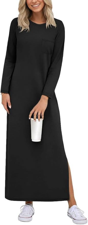 GRECERELLE 2025 Women Spring Fall Casual Round Neck Long Sleeve Loose Split Wrinkle-Free Long Max... | Amazon (US)