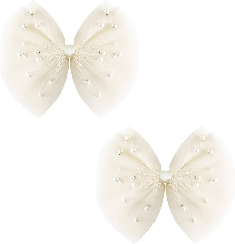 2 PCS Pearl Hair Bows Hair Clips for Toddler Girls - Elegant Ivory Lace Veil Hair Accessories for... | Amazon (US)