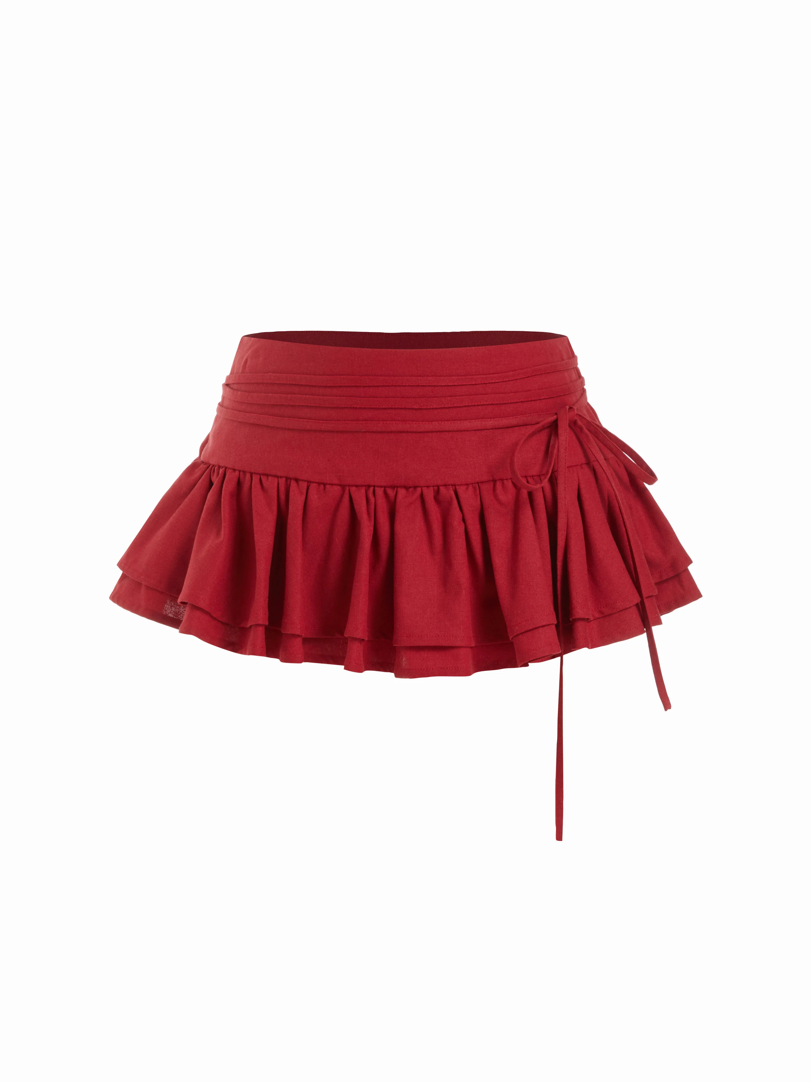 Woven Linen-blend Low Rise Knotted Ruffled Layered Mini Skort For Daily Casual Music Festival/Liv... | Cider