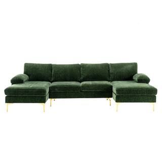 HOMEFUN 110 in W Green 4-piece U Shaped Fabric Modern Sectional Sofa with 2 Arms and Golden Metal... | The Home Depot