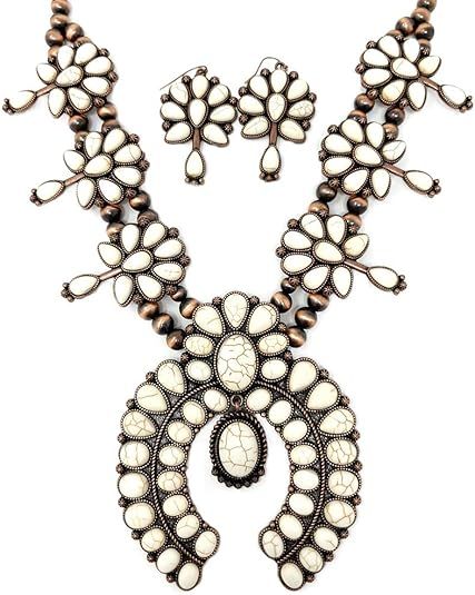 Chunky Western Squash Blossom Statement Necklace and Earrings Set Navajo Pearl | Amazon (US)