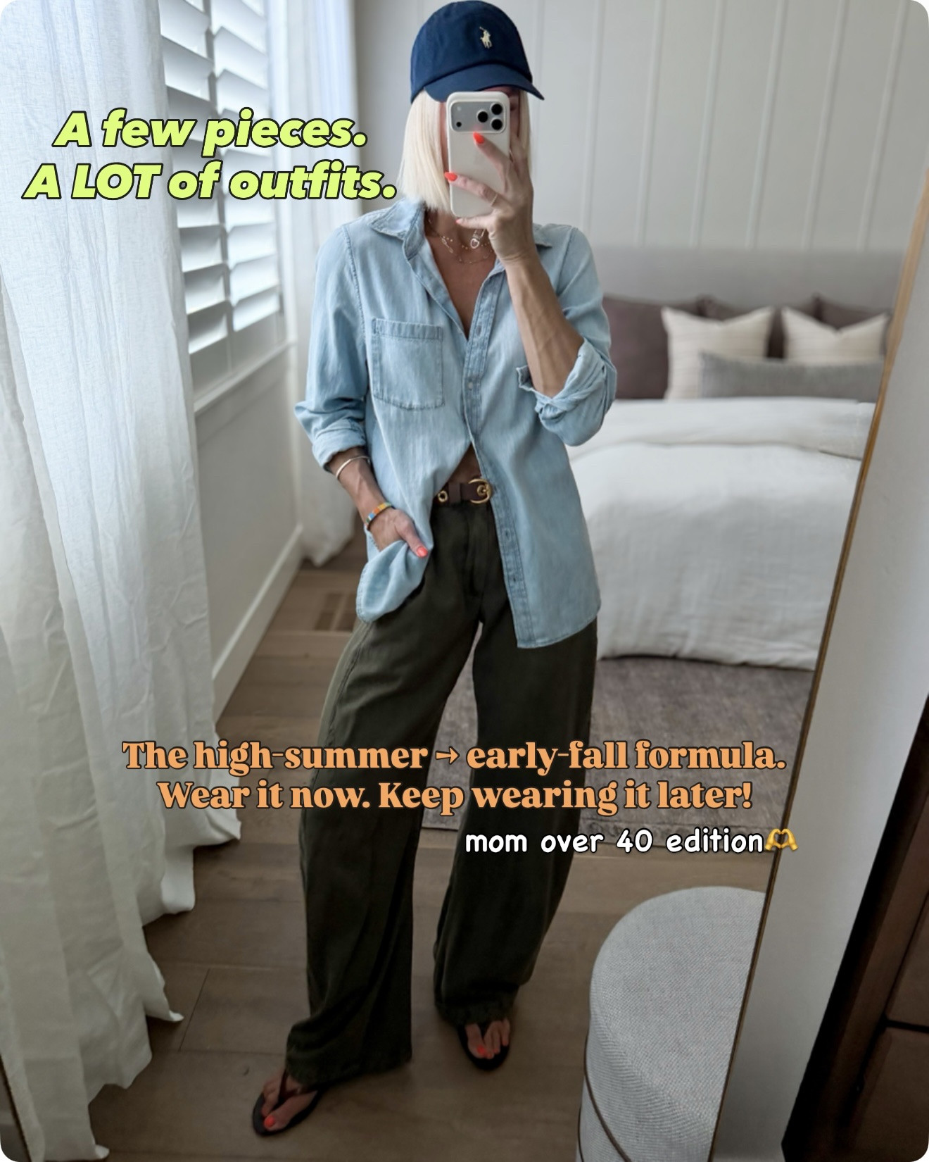 High-summer → early-fall outfit capsule 🤎
A handful of hard-working pieces that mix, match, layer + create SO many outfits.
**everything fits tts unless noted otherwise.
-Green pants: mixed reviews on sizing, but I think they fit tts (I’m wearing my true size 4 LONG) IF you want more room in the waist/tummy then consider sizing up.
-Beige jacket: fits generously. I sized down to a small.
-Chambray shirt: I sized up to a large. I think it looks better a little loose, and then we avoid pulling buttons.
-Belt: it runs big, size down 
-Adidas: size down 
-Denim jacket: fits really big, size down
-dark wash baggy jeans: fit big, size down
-red knit sweater tank: I’m wearing a medium, but it could be a little long of you’re shorter than 5’5”
-ecru jeans size down. Wearing a 26

#LTKmomlife #LTKOver40 #LTKdayinmylife