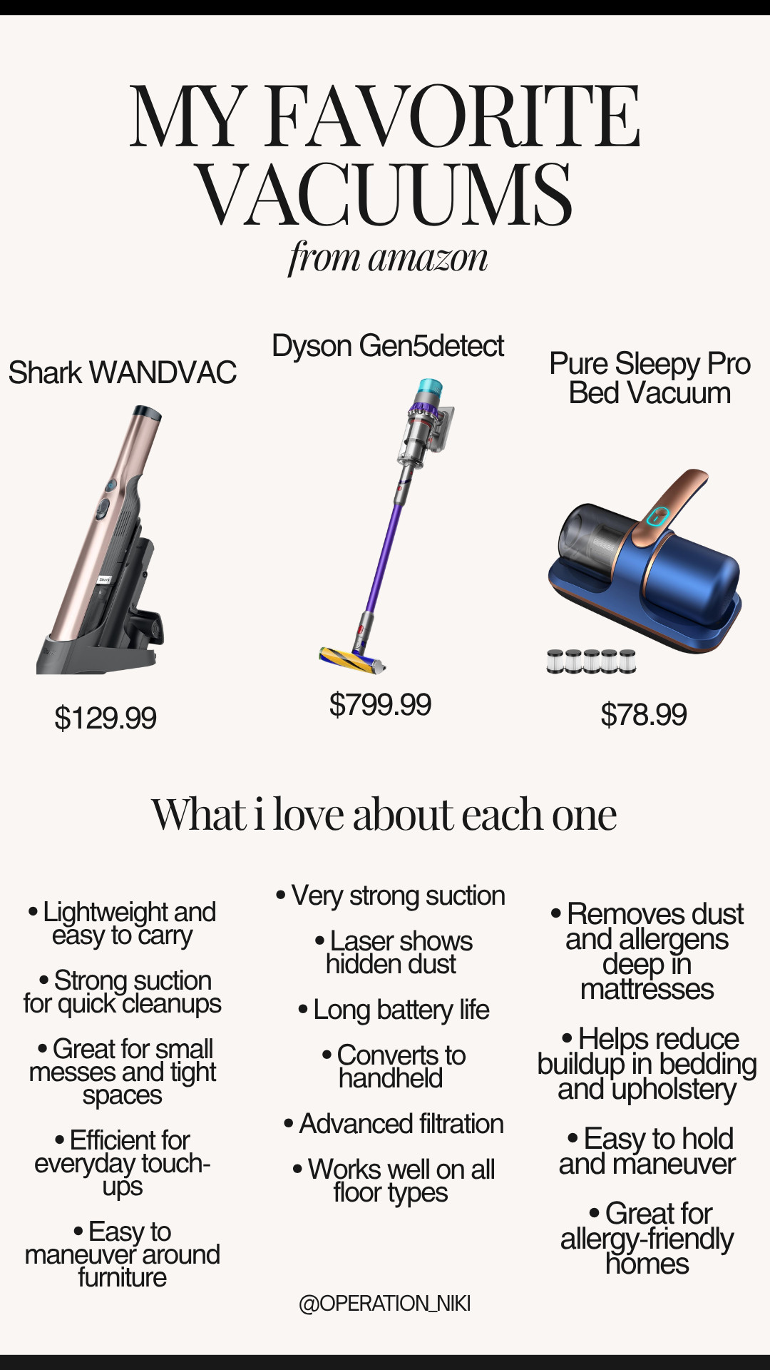 My favorite vacuums that cover every type of clean ✨🧹 The Shark WANDVAC for quick messes, the Dyson Gen5detect for powerful everyday cleaning, and the Pure Sleepy Pro Bed Vacuum for mattresses and soft surfaces. Each one has a purpose and together they make keeping up with home cleaning much easier. Follow for more @OPERATION_NIKI on IG, TikTok, & Facebook #vacuumfavorites #homecleaning #cleaningessentials #amazonfinds #cleaningroutine #homeorganization #floorcleaning #deepclean #operationniki

#LTKHome