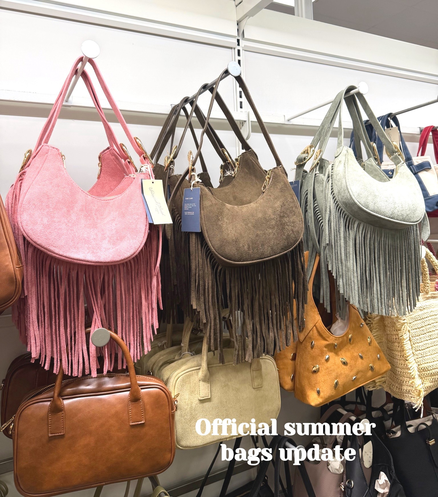 Official summer bags update! Aren’t these cute bags are giving Country Concert Vibes?! Which one is your favorite style?

Faux Suede Mini Studded Slouchy Chain Handbag, Fringe Shoulder Bag, and Camera Bags- Universal Thread™ Tan

#LTKootd #LTKgrwm #LTKTravel