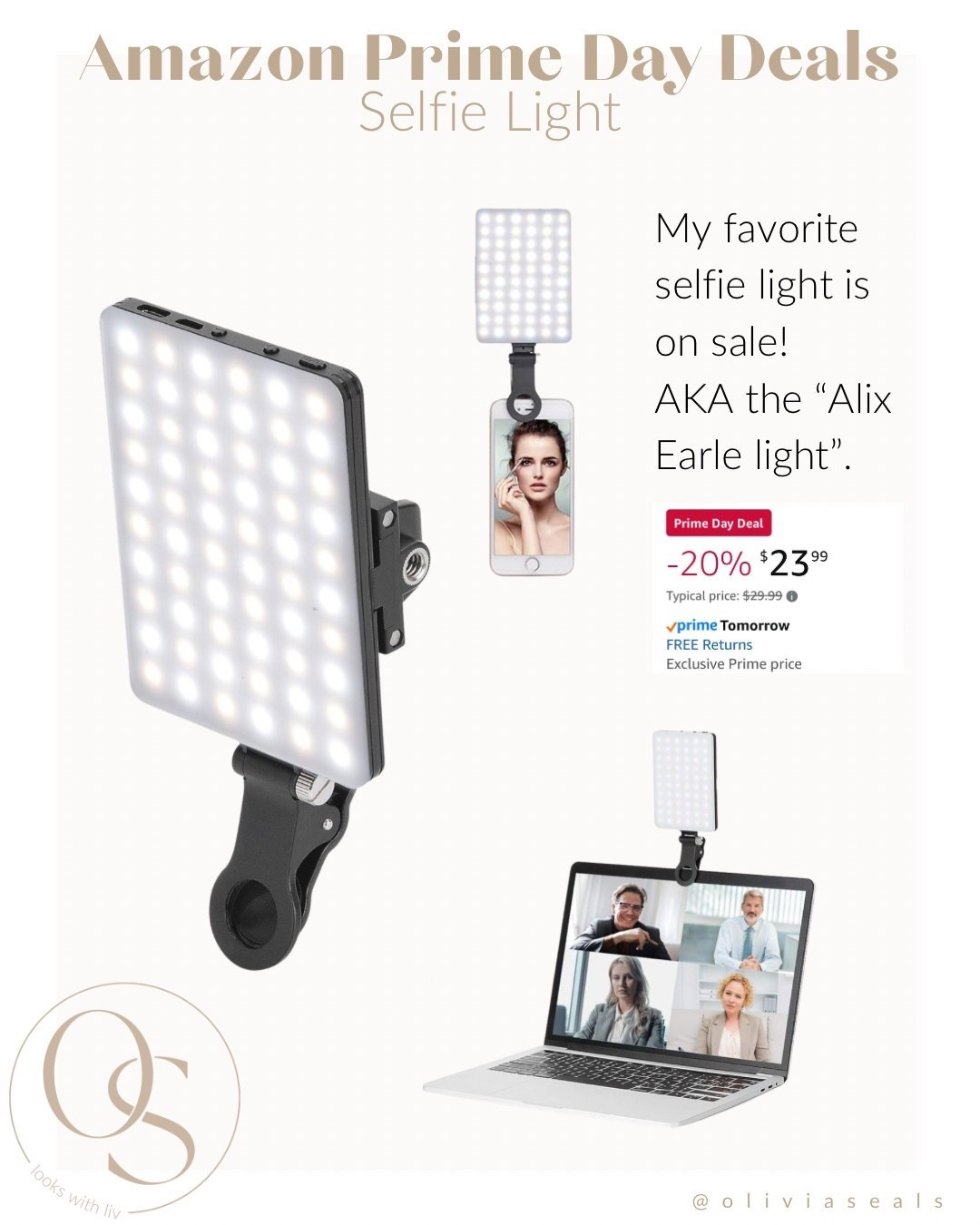 The viral “Alix Earle” selfie light is 20% off for Amazon Prime Day!
I use this for content, Zoom calls, and even FaceTime when the lighting’s bad—totally worth it and super easy to clip on. Grab it while it’s on sale! 💡✨

#LTKSaleAlert #LTKTravel #LTKFindsUnder50
