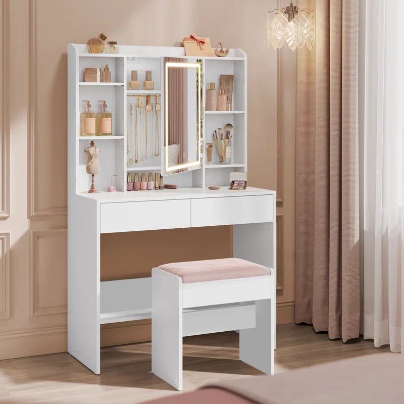 Makeup Vanity With Mirror And Lights,upholstered Vanity Stool, Dimmable Led Lights, Adjustable Sh... | Wayfair North America
