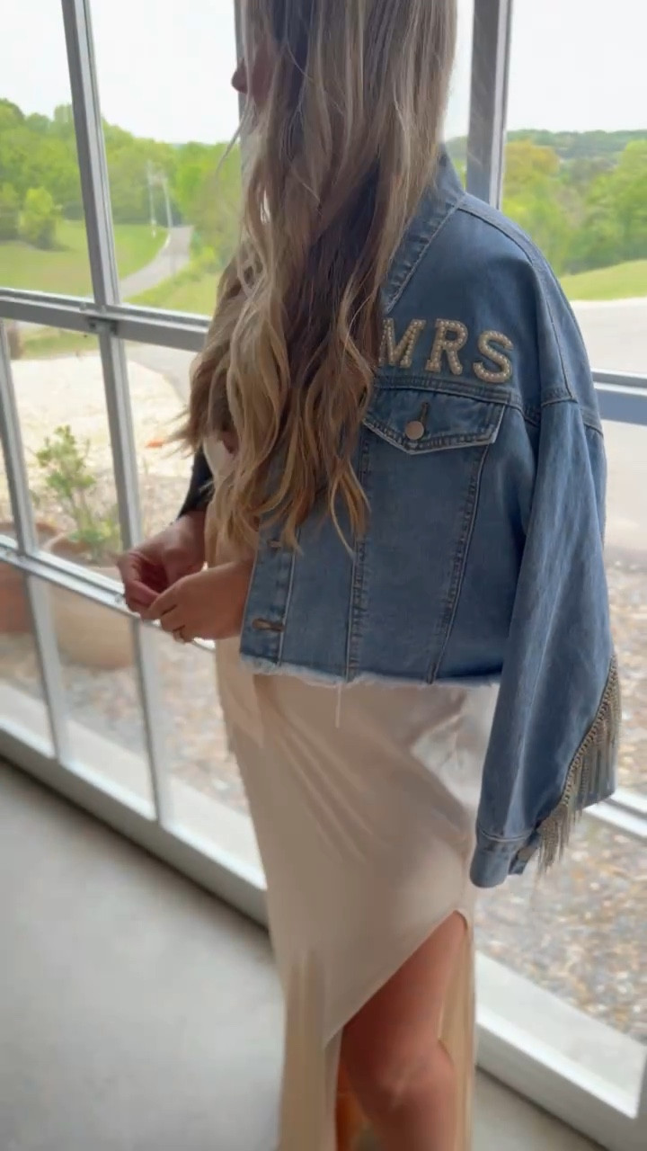 Mrs. Denim Jacket with crystal fringe🤍 

Linked similar to this Central Park West denim jacket. 

Perfect for the bride to be to wear for her bachelorette party or bridal shower! 

#LTKwedding #LTKGiftGuide #LTKcurves