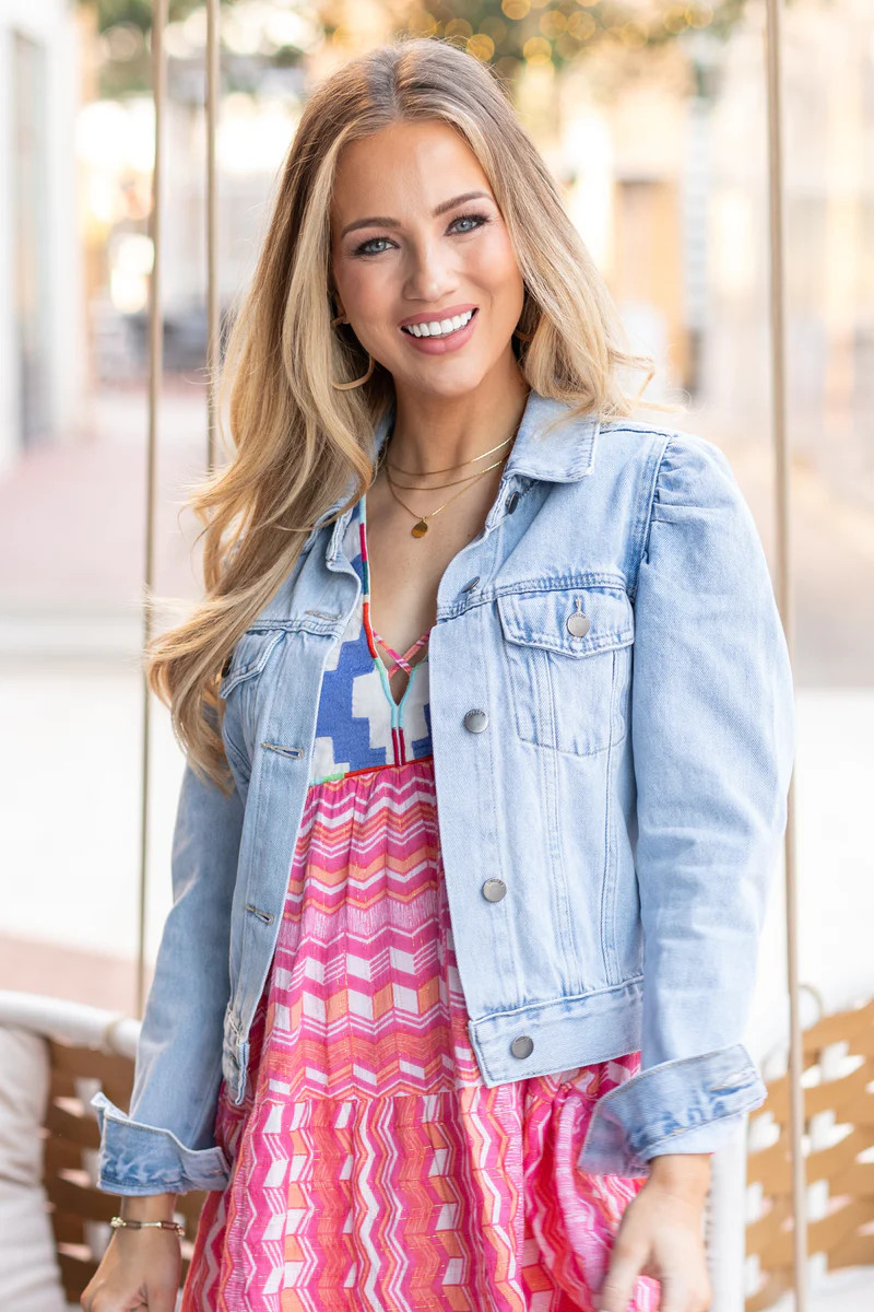 Puff Sleeve Denim Jacket - Light Wash Jean Jacket | Avara