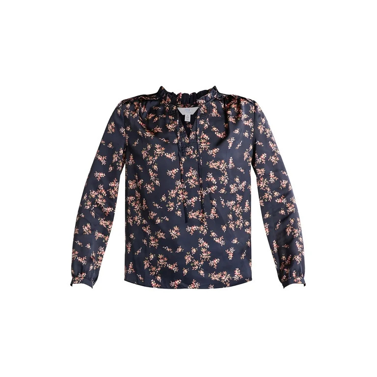 Time and Tru Women's Silky Satin Ruffle Neck Blouse, Sizes XS-XXXL | Walmart (US)