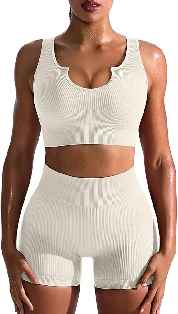 OQQ Workout Outfits for Women 2 Piece Seamless Ribbed High Waist Leggings with Sports Bra Exercis... | Amazon (US)