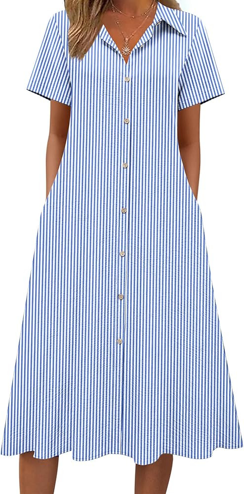 Zeagoo Summer Dresses for Women 2026 Button Down Shirt Dresses Aline Long Sundress Short Sleeve B... | Amazon (US)