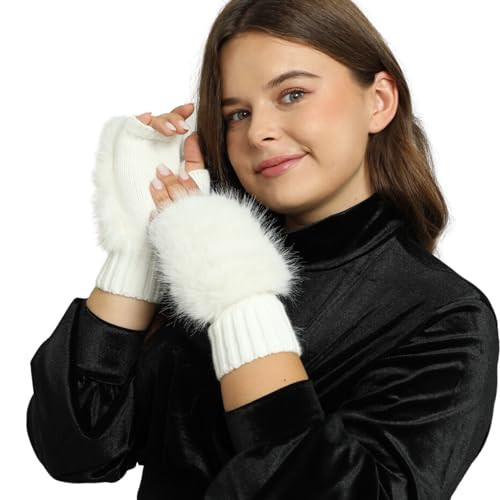 Flammi Women's Wool Blend Fingerless Gloves - Furry Mittens Wrist Warmers for Winter Fashion, Outdoor Activities, White | Amazon (US)