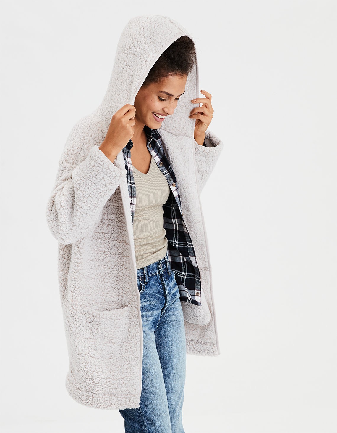 AE Fuzzy Teddy Sherpa Cardigan, Cream | American Eagle Outfitters (US & CA)