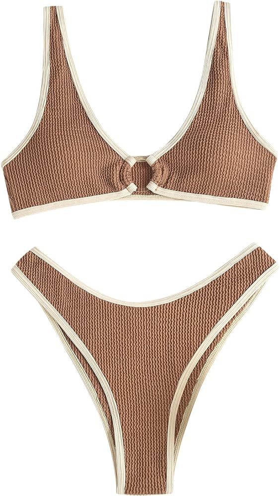 ZAFUL Women's Ribbed O-Ring String Padded Low Waisted Bikini Set Swimsuit | Amazon (US)