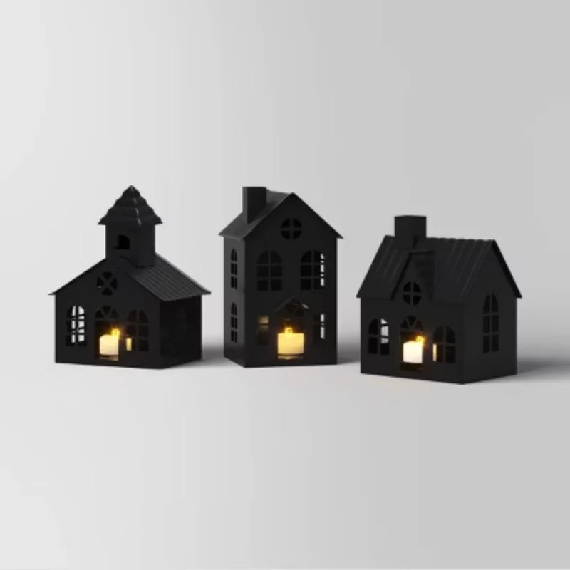 3pc Lit Metal House Decorative Christmas Figurine Set Black: Tabletop Indoor Decor, Battery-Power... | Walmart (US)