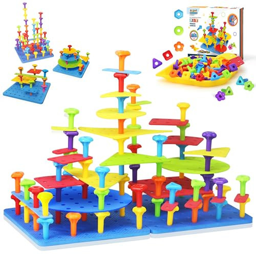 Ggiibro Peg Board Toy Set 101Pcs DIY Building Stacking Toys for Kids 3-6 Years Old,STEM Educational Kids Toy for Brain Development,Montessori Sensory Toys,Plastic Lacing String Game | Amazon (US)