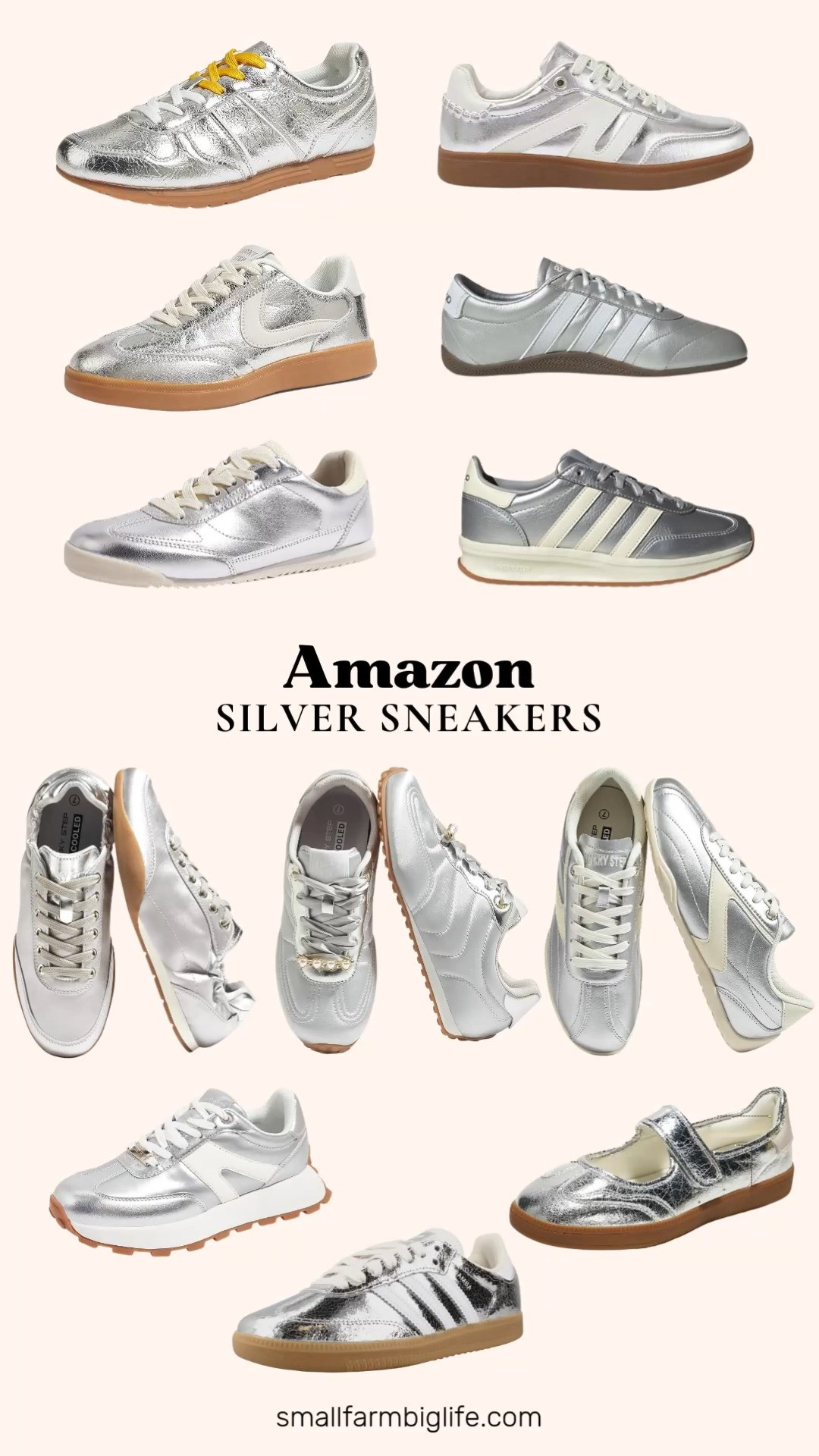 Silver sneakers are a fun, unexpected way to add a little shine to a fall outfit, and this lineup has options for every style. The LUCKY STEP retro sneakers come in nearly every silhouette, classic suede, ballet flat inspired, chunky platform, and genuine leather gum sole styles, all bringing that same metallic finish with everyday comfort.

For a sportier look, the adidas Run 70s 2.0 in silver metallic and off white and the adidas Grand Court Lo sneakers both bring a clean, athletic silhouette. If you want something a bit more statement making, the Adidas Samba OG in silver metallic cracked leather is a fashion forward take on the classic silhouette.

Rounding out the group, the LUCKY STEP platform retro tennis sneakers add extra height to a casual outfit, and the Project Cloud silver Mary Jane sneakers bring a fun, feminine twist with a memory foam insole for all day comfort.

#amazonfashion #silversneakers #falloutfits #fallfashion #amazonfinds 

 #LTKootd #LTKActive #LTKOver40